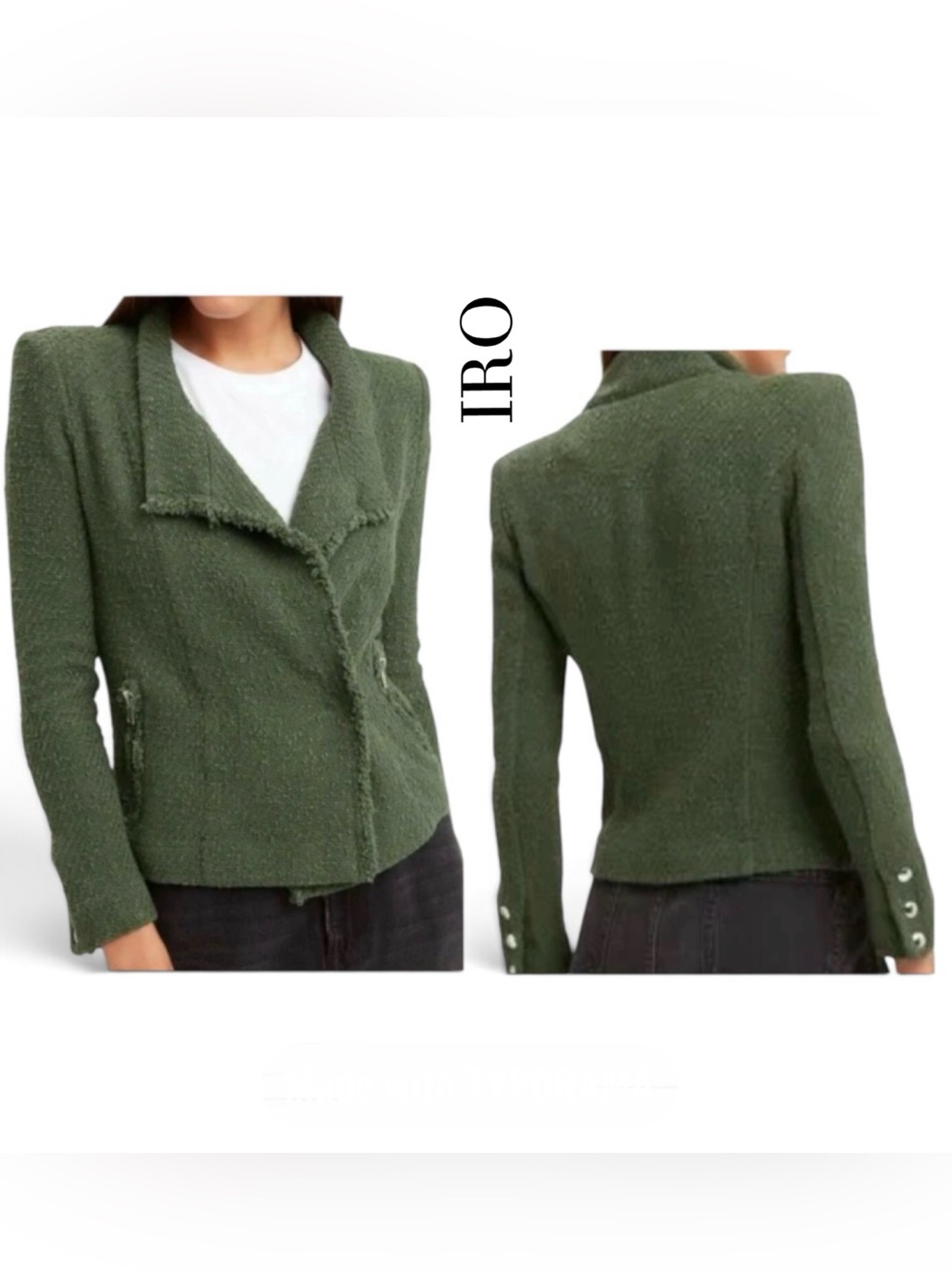 IRO Paris Olive Green Shavani Fringe Bouclé Blazer Jacket Size 36 (US 4)